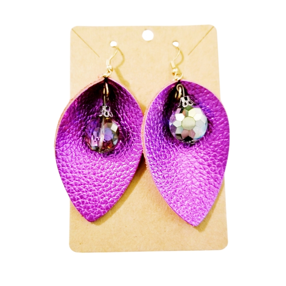 Metallic Purple Leather Leaf Earrings w/ Czech Iridescent Crystals. NWT